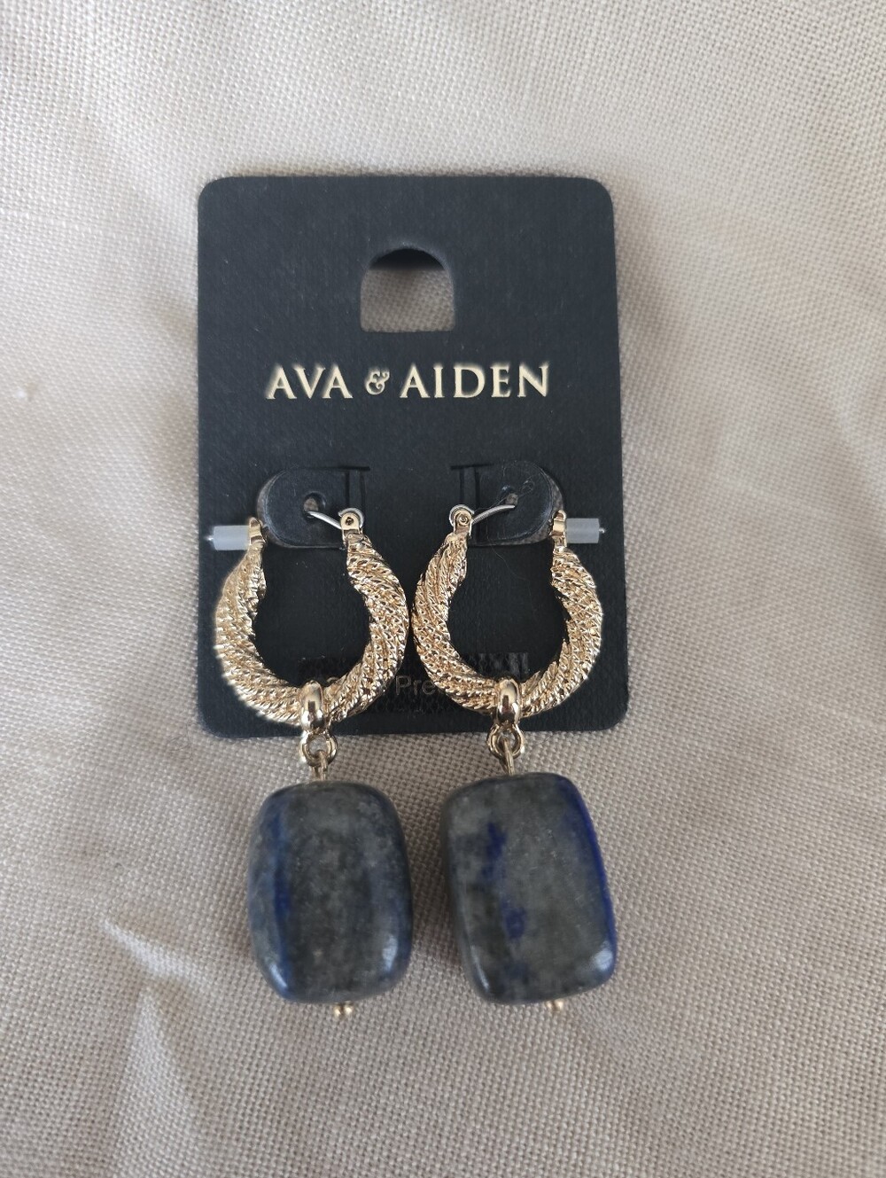 Ava & Aiden Gold Textured Hoop Earrings with Blue-Gray Stone Drops